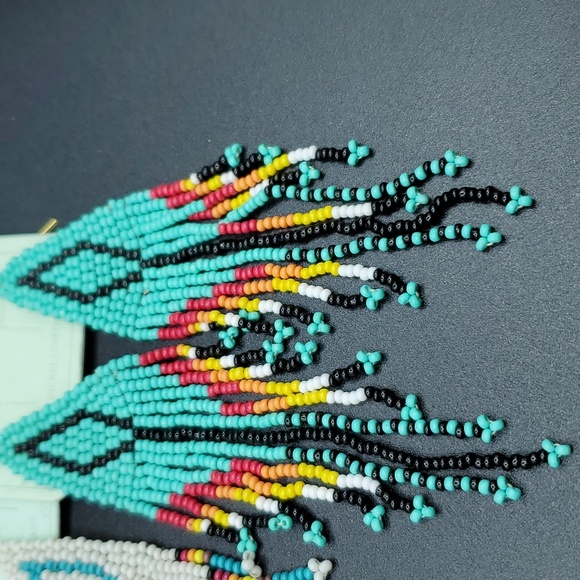 NWT Handmade Diamond Aztec Seedbead Tassel Dangle Earrings Plated 2 Choices - Picture 2 of 10